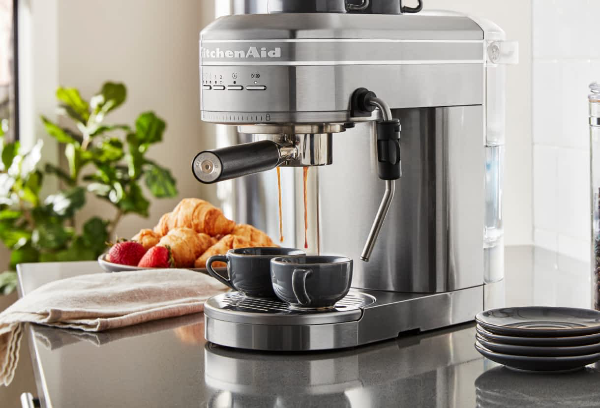 KitchenAid® Automatic Espresso Machine brewing two cups of espresso. 