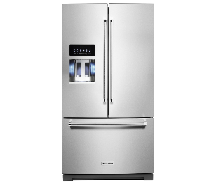 A 26.8 cu. ft. 36-Inch Width Standard Depth French Door Refrigerator with Exterior Ice and Water and PrintShield™ Finish.